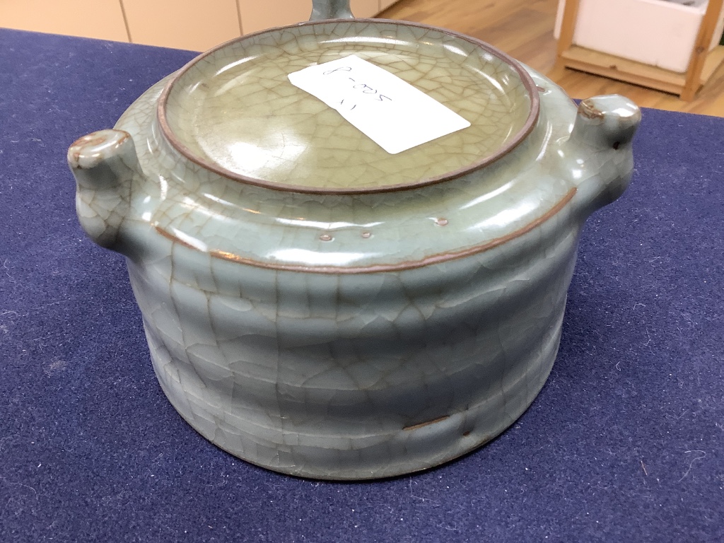 A Chinese celadon cylindrical censer, diameter 13cm